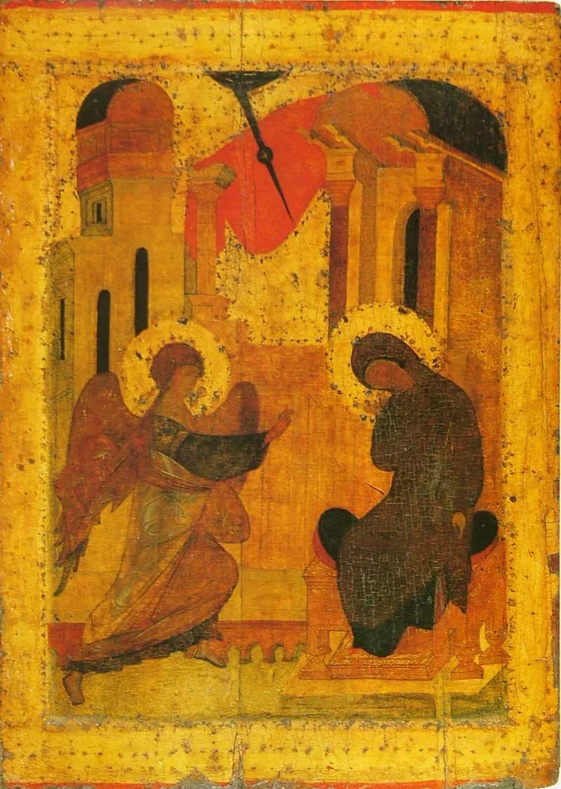 The Annunciation (Sergiev Posad) by Andrei Rublev depicting Luke 1:26