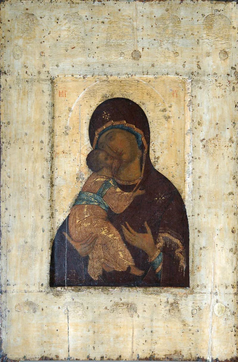 The Vladimir Mother of God (after the original) by Andrei Rublev depicting Luke 2:16