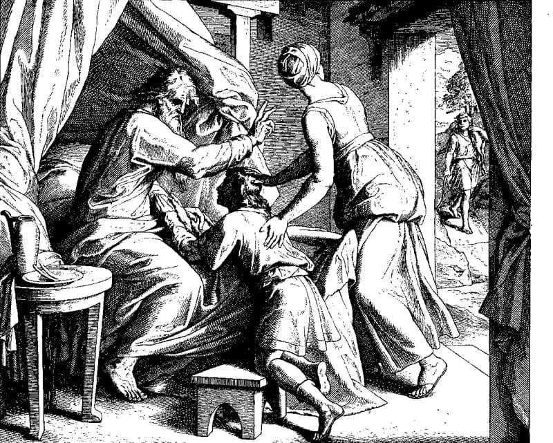 Isaac Blesses Jacob before Esau by Julius Schnorr von Carolsfeld depicting Genesis 27:18