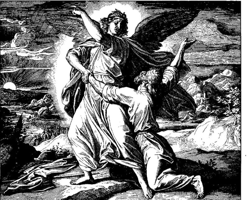Jacob Wrestles with the Angel by Julius Schnorr von Carolsfeld depicting Genesis 32:22