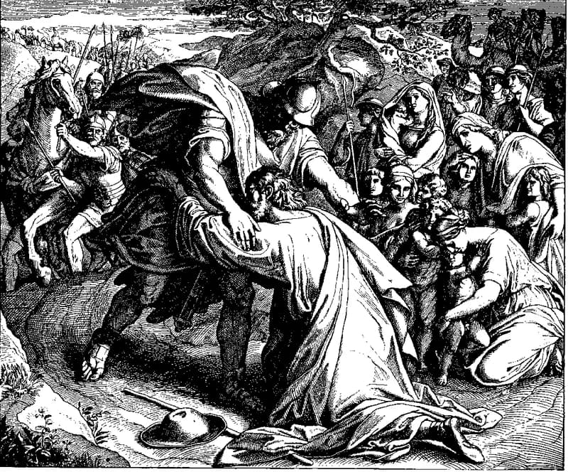 Esau Reconciles with Jacob by Julius Schnorr von Carolsfeld depicting Genesis 33:1