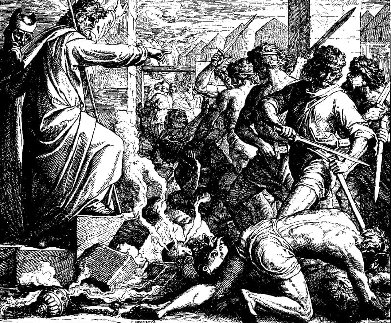 Moses Punishes the Idolatry of the People by Julius Schnorr von Carolsfeld depicting Exodus 32:25