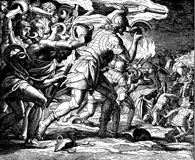 Gideon's Victory over the Midianites by Julius Schnorr von Carolsfeld depicting Judges 7:16