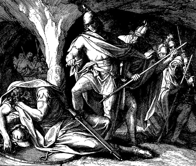 David Spares Saul in the Cave by Julius Schnorr von Carolsfeld depicting 1 Samuel 24:1