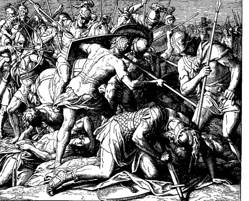 Death of Saul by Julius Schnorr von Carolsfeld depicting 1 Samuel 31:1