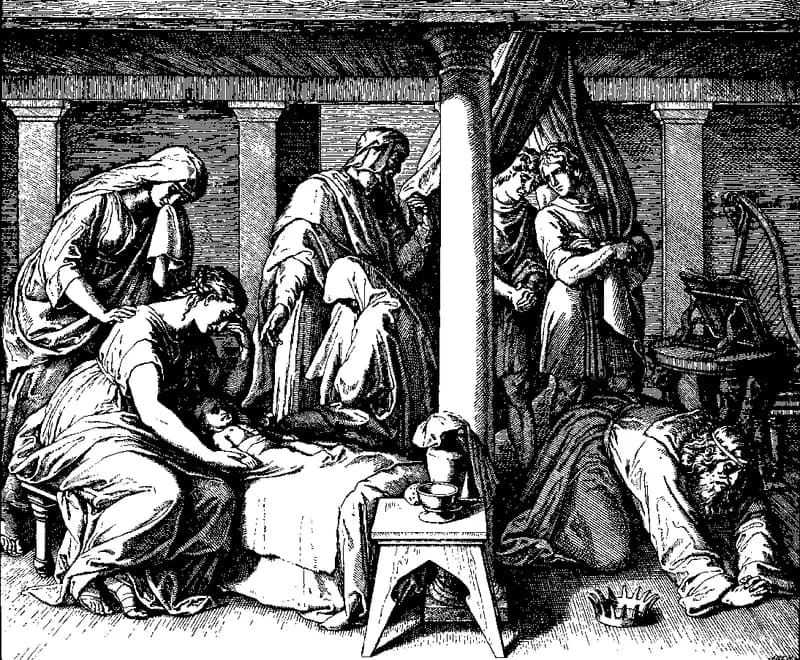 The Death of David and Bathsheba's Child by Julius Schnorr von Carolsfeld depicting 2 Samuel 12:15