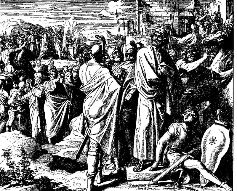 The Kingdom Divided under Rehoboam and Jeroboam by Julius Schnorr von Carolsfeld depicting 1 Kings 12:1