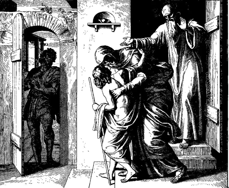 Elisha Raises the Shunammite's Son by Julius Schnorr von Carolsfeld depicting 2 Kings 4:32