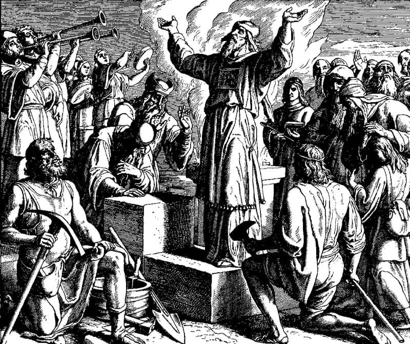 The Founding of the New Temple in Jerusalem by Julius Schnorr von Carolsfeld depicting Ezra 3:8