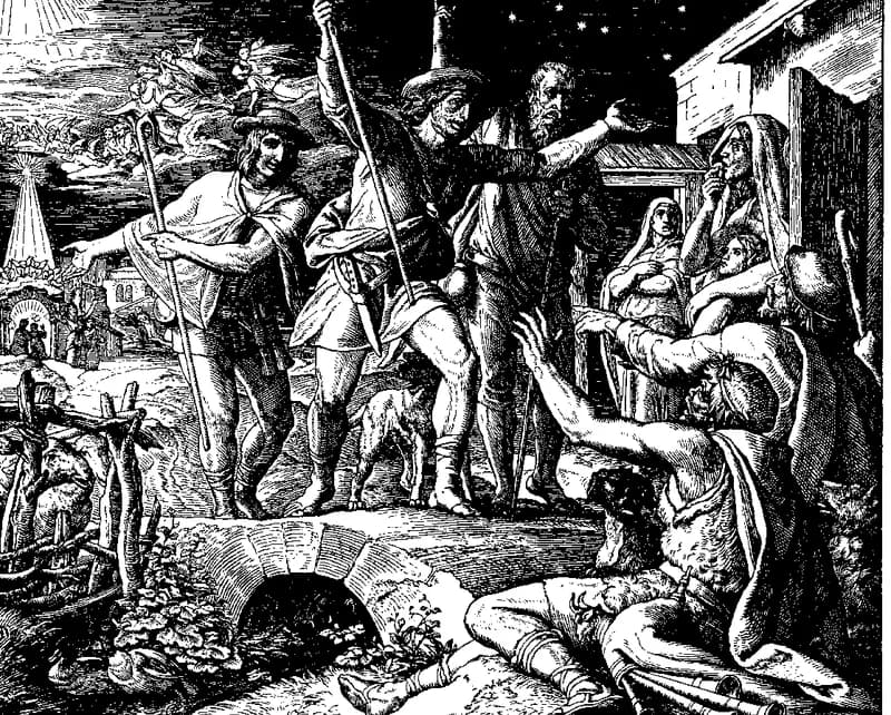 The Shepherds as First Heralds of the Gospel by Julius Schnorr von Carolsfeld depicting Luke 2:15