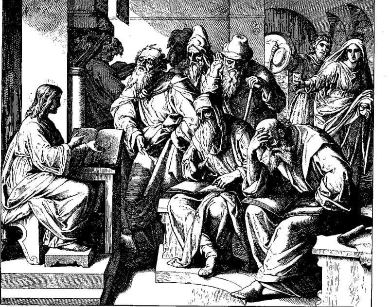 Jesus at Twelve among the Doctors in the Temple by Julius Schnorr von Carolsfeld depicting Luke 2:41