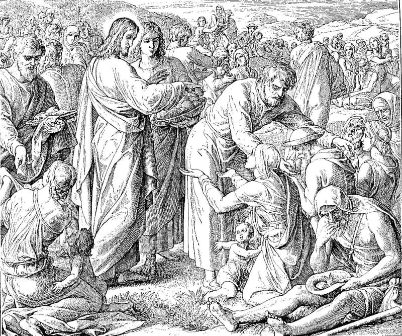 The Miraculous Feeding of the Multitude by Julius Schnorr von Carolsfeld depicting Matthew 14:13