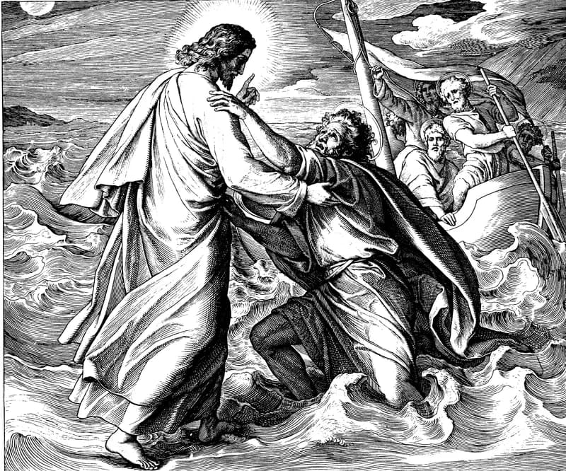 Jesus Rescues the Sinking Peter by Julius Schnorr von Carolsfeld depicting Matthew 14:22