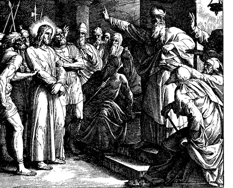 Jesus before Caiaphas by Julius Schnorr von Carolsfeld depicting Matthew 26:57