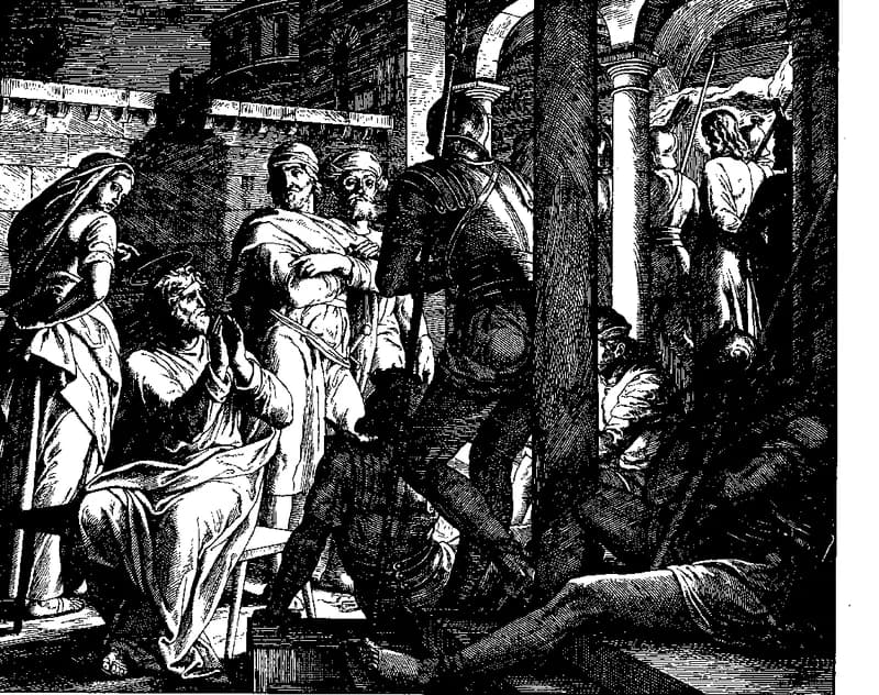 Peter Denies Jesus by Julius Schnorr von Carolsfeld depicting Matthew 26:69