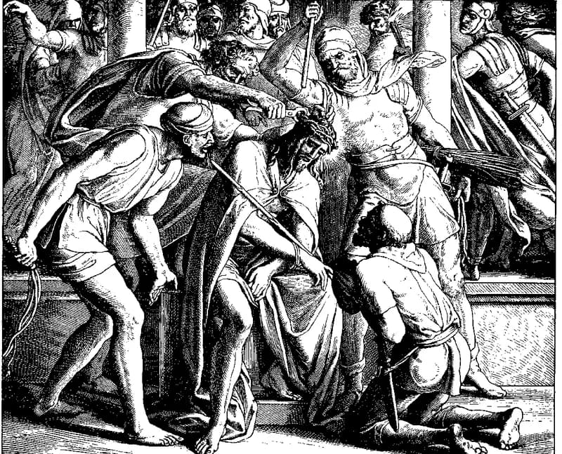 Jesus Crowned with Thorns, Scourged, and Mocked by Julius Schnorr von Carolsfeld depicting Matthew 27:27