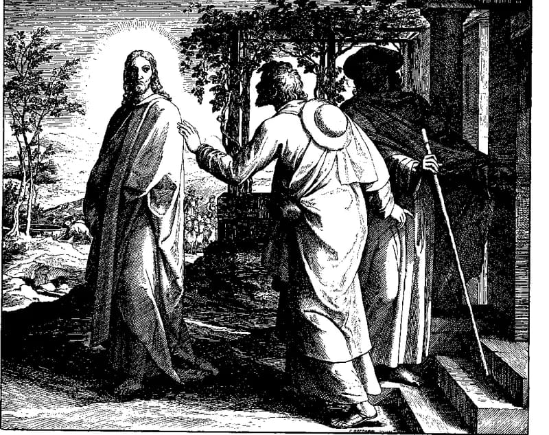 Jesus Appears to Two Disciples on the Road to Emmaus by Julius Schnorr von Carolsfeld depicting Luke 24:13