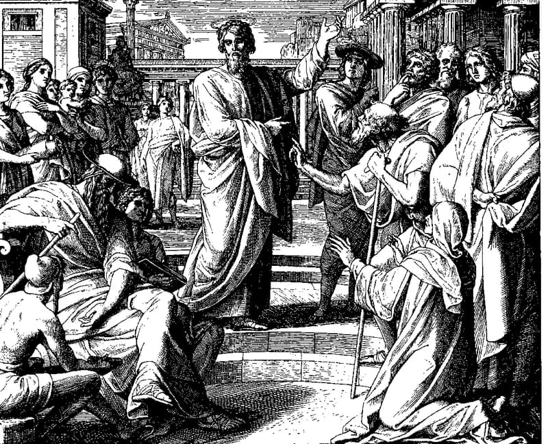 Paul Preaches at the Areopagus in Athens by Julius Schnorr von Carolsfeld depicting Acts 17:16