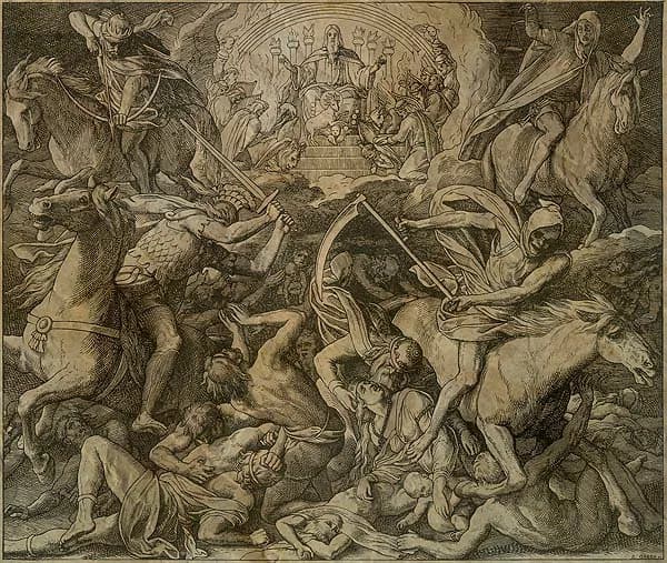 The Four Horsemen of the Apocalypse by Julius Schnorr von Carolsfeld depicting Revelation 6:1