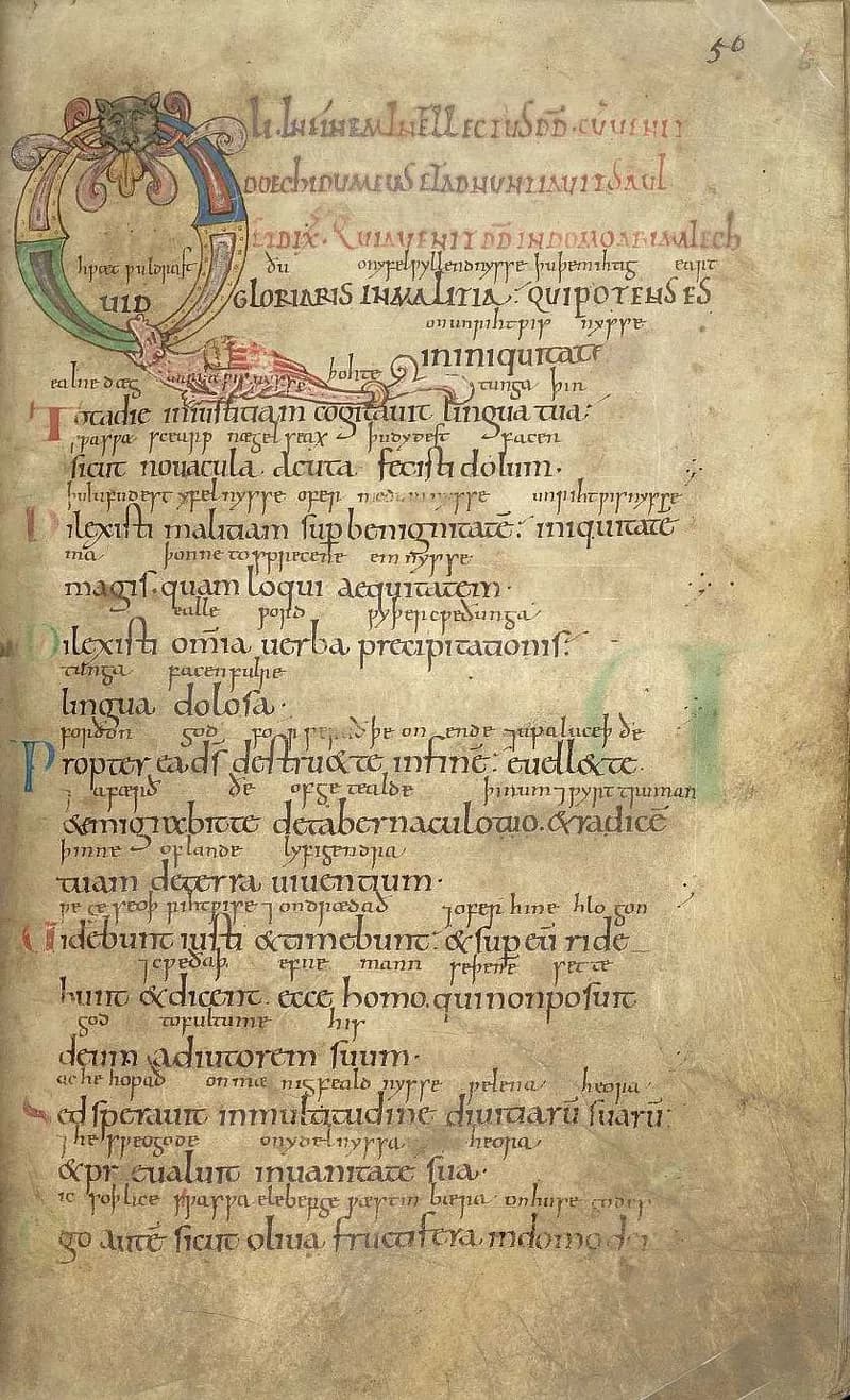 Stowe Psalter, Initial Q (fol. 56r) — Psalm 52 by Master of the Stowe 2 Psalter depicting Psalms 52:1