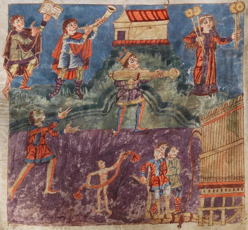 Stuttgart Psalter, folio 163v (trumpets) by Master of the Stuttgart Psalter depicting Psalms 149:1