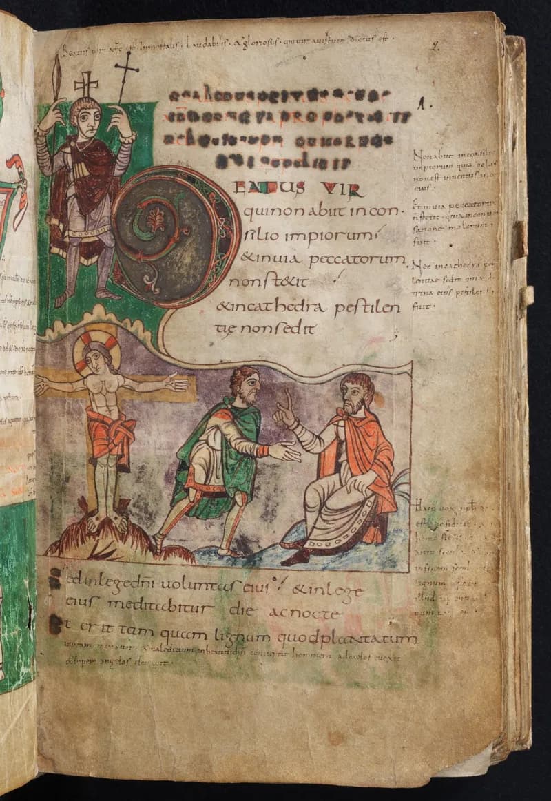 Stuttgart Psalter, folio 2r (incipit) by Master of the Stuttgart Psalter depicting Psalms 1:1