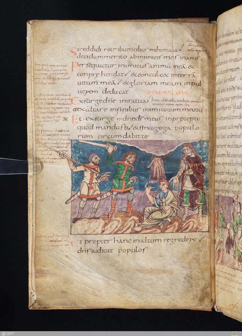 Stuttgart Psalter, Psalm 2 (folio 7v) by Master of the Stuttgart Psalter depicting Psalms 2