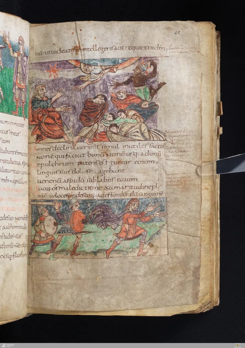 Stuttgart Psalter, Psalm 9 (folio 15r) by Master of the Stuttgart Psalter depicting Psalms 9