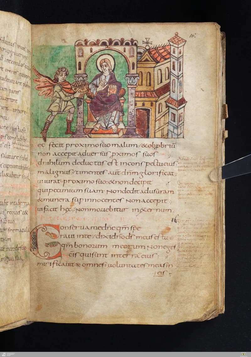 Stuttgart Psalter, Psalm 10 (folio 16r) by Master of the Stuttgart Psalter depicting Psalms 10