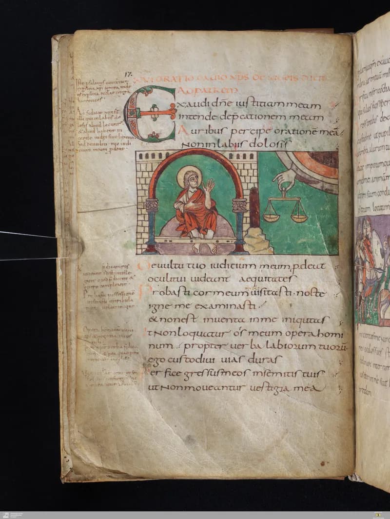 Stuttgart Psalter, Psalm 11 (folio 17v) by Master of the Stuttgart Psalter depicting Psalms 11