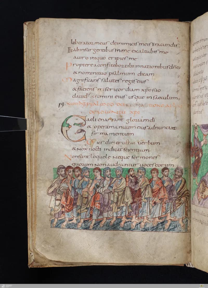 Stuttgart Psalter, Psalm 16 (folio 22v) by Master of the Stuttgart Psalter depicting Psalms 16