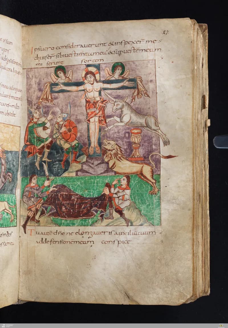 Stuttgart Psalter, Psalm 20 (folio 27r) by Master of the Stuttgart Psalter depicting Psalms 20