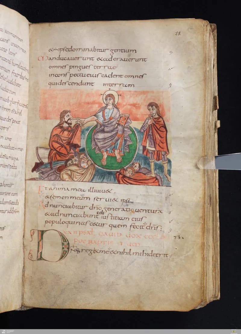 Stuttgart Psalter, Psalm 21 (folio 28r) by Master of the Stuttgart Psalter depicting Psalms 21