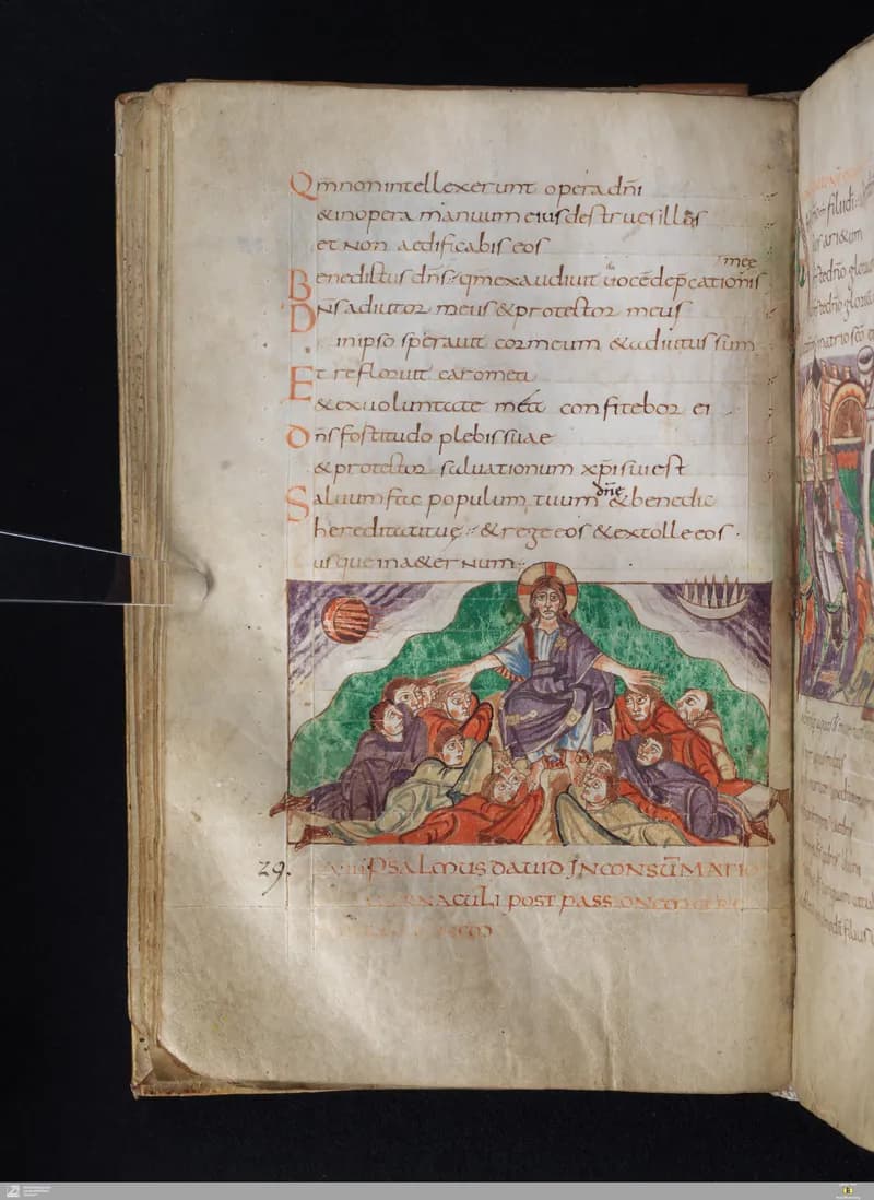 Stuttgart Psalter, Psalm 27 (folio 34v) by Master of the Stuttgart Psalter depicting Psalms 27