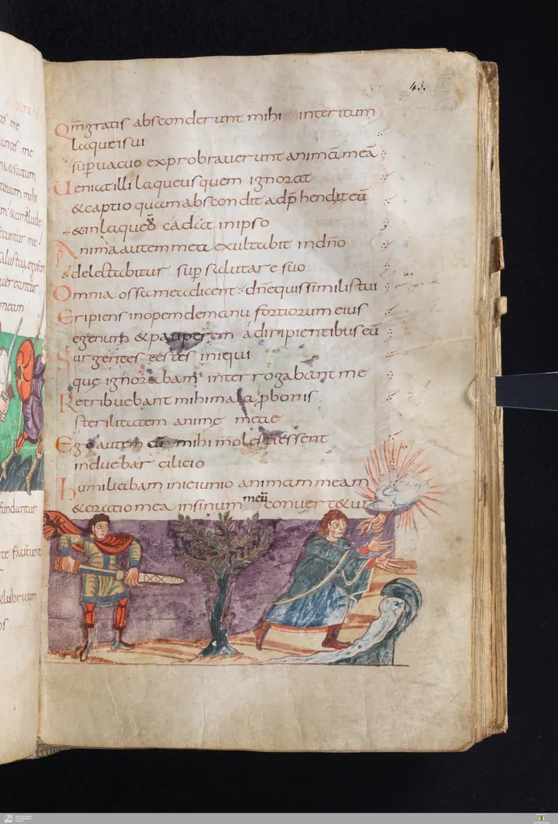 Stuttgart Psalter, Psalm 35 (folio 43r) by Master of the Stuttgart Psalter depicting Psalms 35