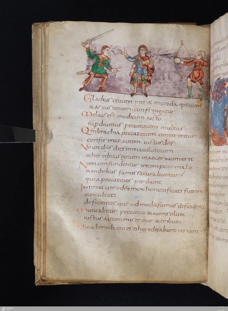 Stuttgart Psalter, Psalm 38 (folio 46v) by Master of the Stuttgart Psalter depicting Psalms 38