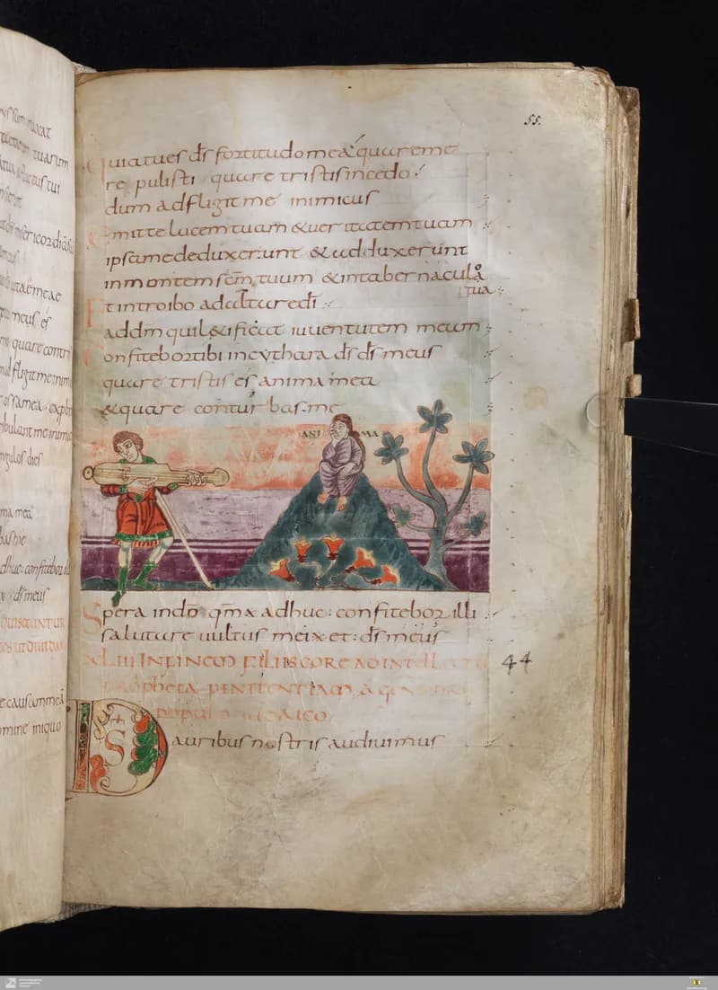 Stuttgart Psalter, Psalm 46 (folio 55r) by Master of the Stuttgart Psalter depicting Psalms 46