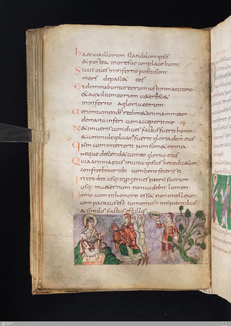Stuttgart Psalter, Psalm 52 (folio 61v) by Master of the Stuttgart Psalter depicting Psalms 52