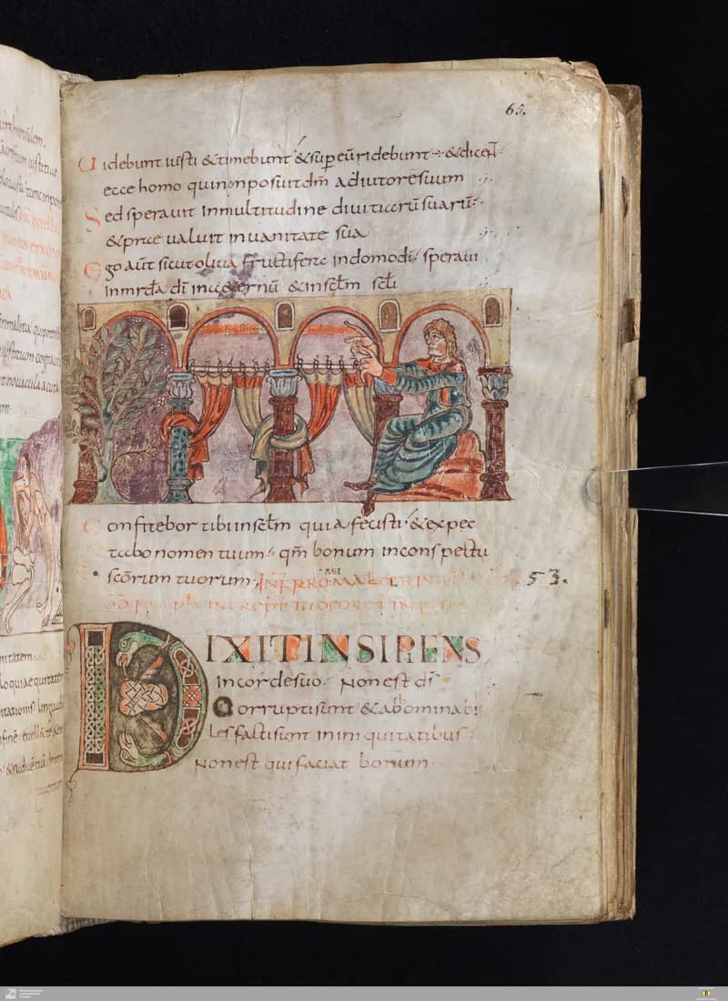 Stuttgart Psalter, Psalm 55 (folio 65r) by Master of the Stuttgart Psalter depicting Psalms 55