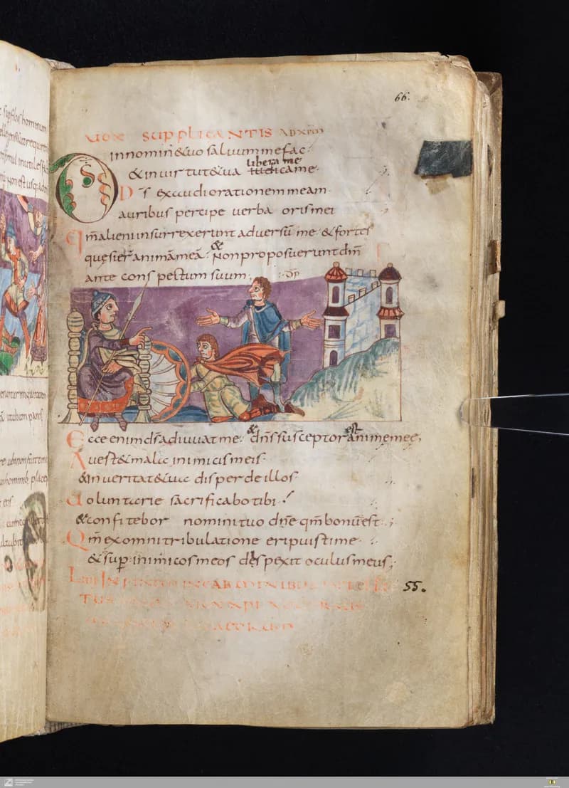 Stuttgart Psalter, Psalm 56 (folio 66r) by Master of the Stuttgart Psalter depicting Psalms 56