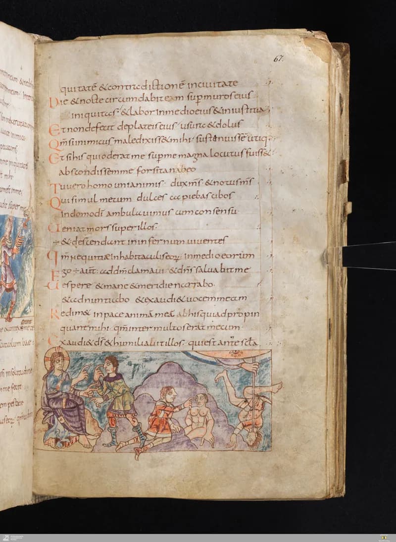 Stuttgart Psalter, Psalm 57 (folio 67r) by Master of the Stuttgart Psalter depicting Psalms 57