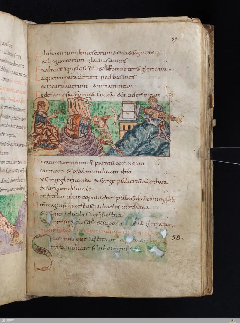 Stuttgart Psalter, Psalm 59 (folio 69r) by Master of the Stuttgart Psalter depicting Psalms 59
