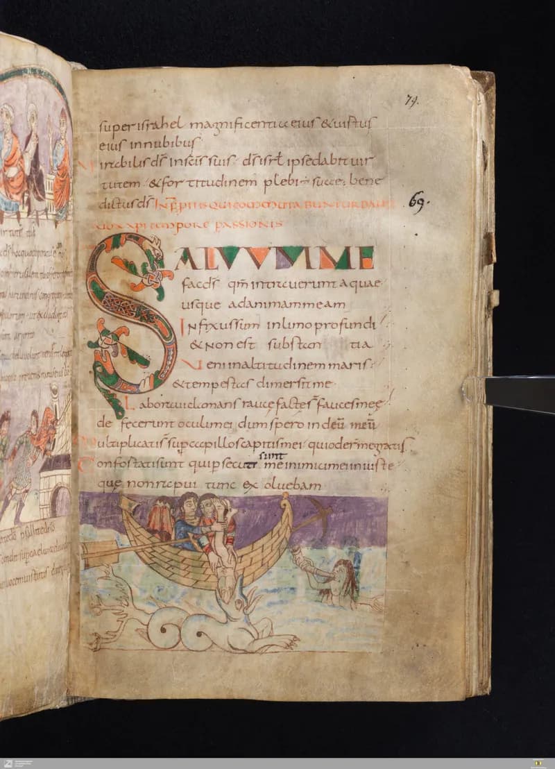 Stuttgart Psalter, Psalm 69 (folio 79r) by Master of the Stuttgart Psalter depicting Psalms 69