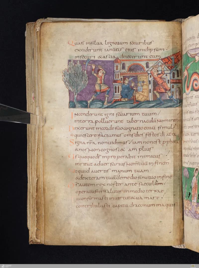 Stuttgart Psalter, Psalm 76 (folio 86v) by Master of the Stuttgart Psalter depicting Psalms 76