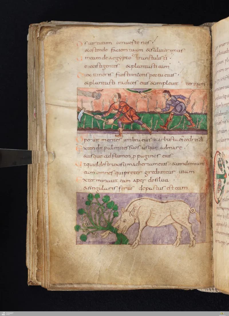 Stuttgart Psalter, Psalm 85 (folio 96v) by Master of the Stuttgart Psalter depicting Psalms 85