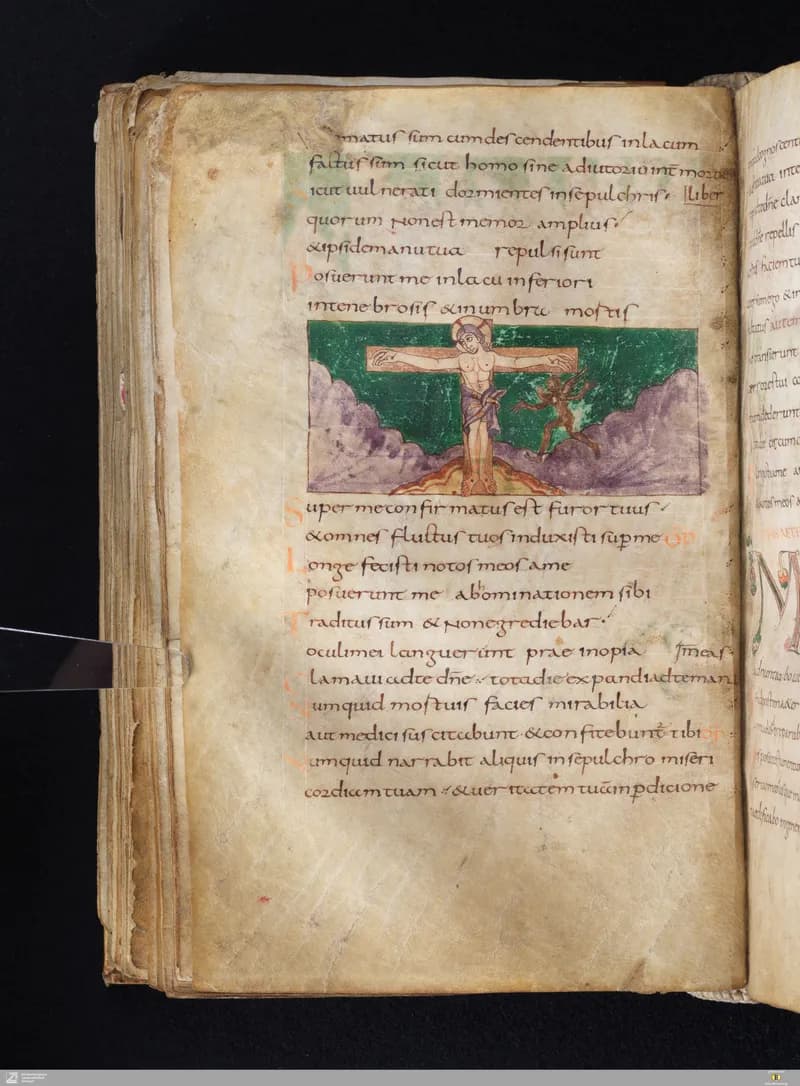 Stuttgart Psalter, Psalm 91 (folio 102v) by Master of the Stuttgart Psalter depicting Psalms 91