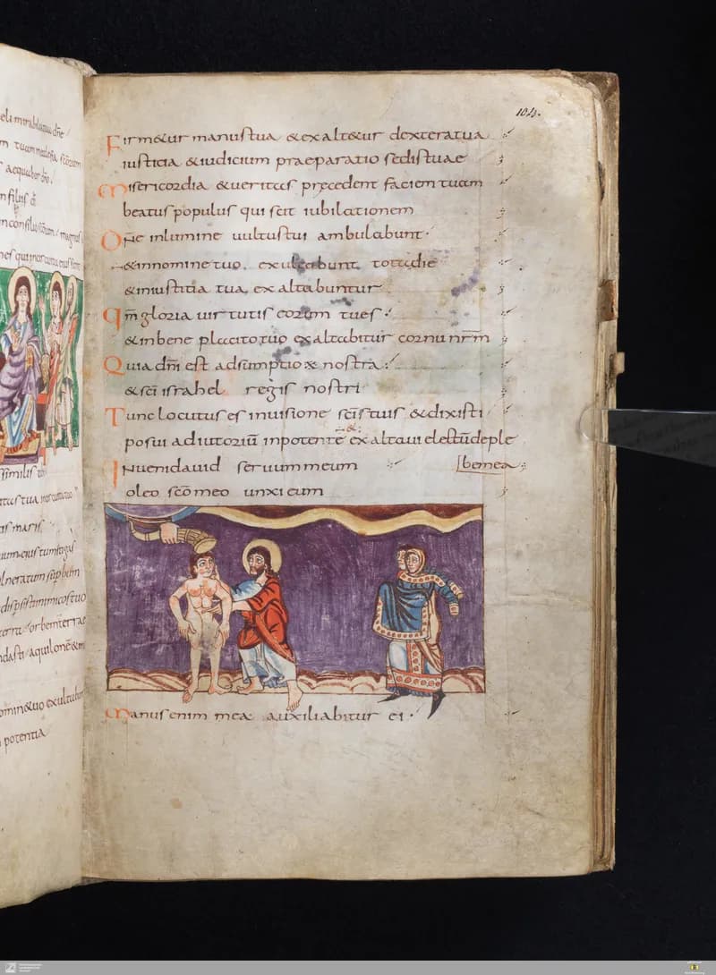 Stuttgart Psalter, Psalm 92 (folio 104r) by Master of the Stuttgart Psalter depicting Psalms 92