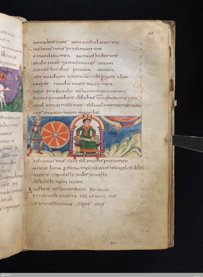 Stuttgart Psalter, Psalm 93 (folio 105r) by Master of the Stuttgart Psalter depicting Psalms 93
