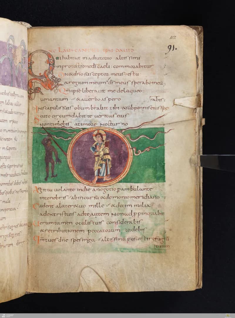 Stuttgart Psalter, Psalm 95 (folio 107r) by Master of the Stuttgart Psalter depicting Psalms 95