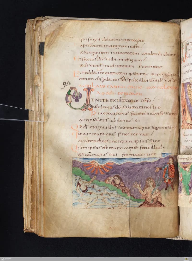 Stuttgart Psalter, Psalm 98 (folio 110v) by Master of the Stuttgart Psalter depicting Psalms 98